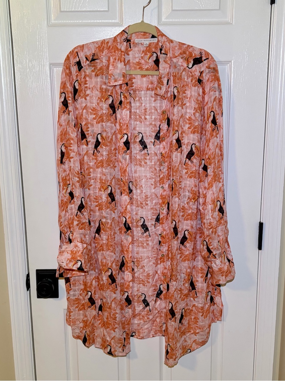 Peach Toucan Print Extra Long Button-Up Oversized Shirt. Size XL